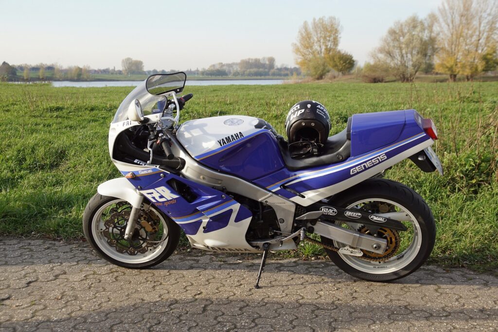 Blue Yamaha FZR1000 with green space and lake in the background