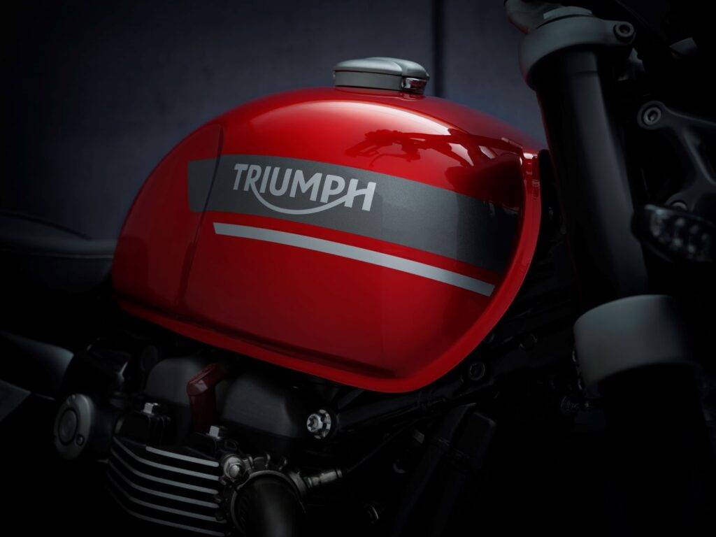 Close-up of Triumph branding on the Speed Twin 900