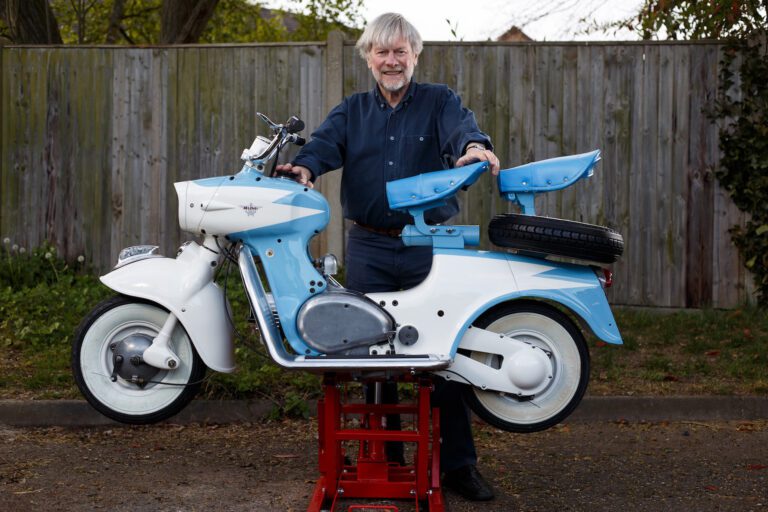 Terry Bedford with his Moto Rumi scooter