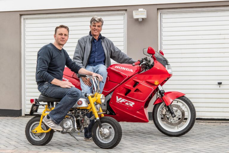 Eddie with son Lee on the Honda VFR750 monkey bike