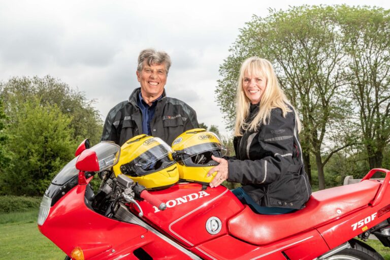 Eddie with wife Lorraine and the Honda VFR750F