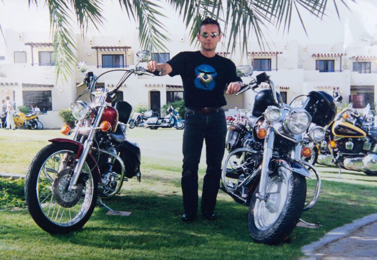 Steve in Abu Dhabi with his Harley (right)