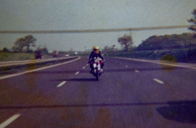 Honda Cb400F on a very empty motorway in 1976