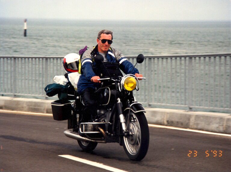 Riding up the ramp to the ferry at Ouistreham, returning home on May 23, 1993.