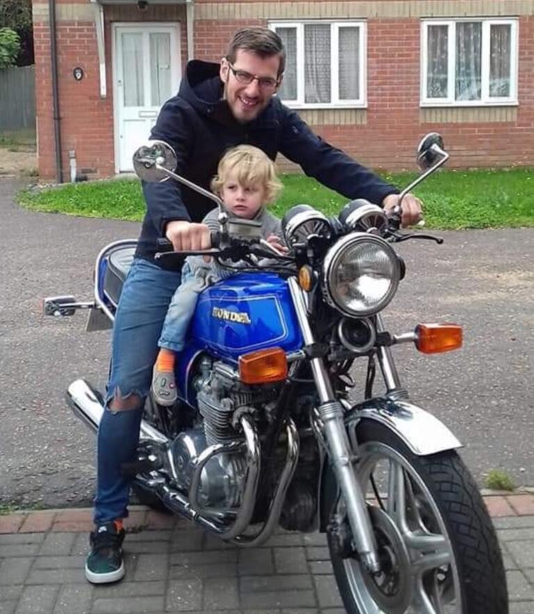 A grown-up Terence with son Arthur on the Honda CB650