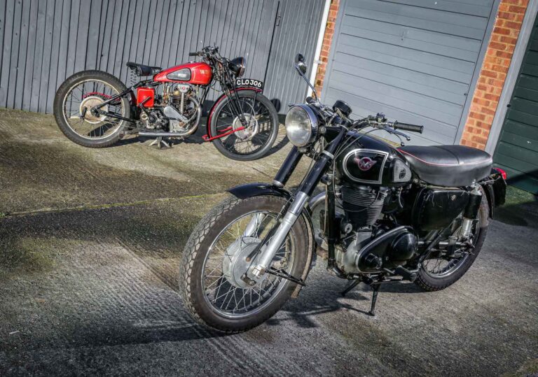 The Matchless G80S and the Rudge Ulster parked outside